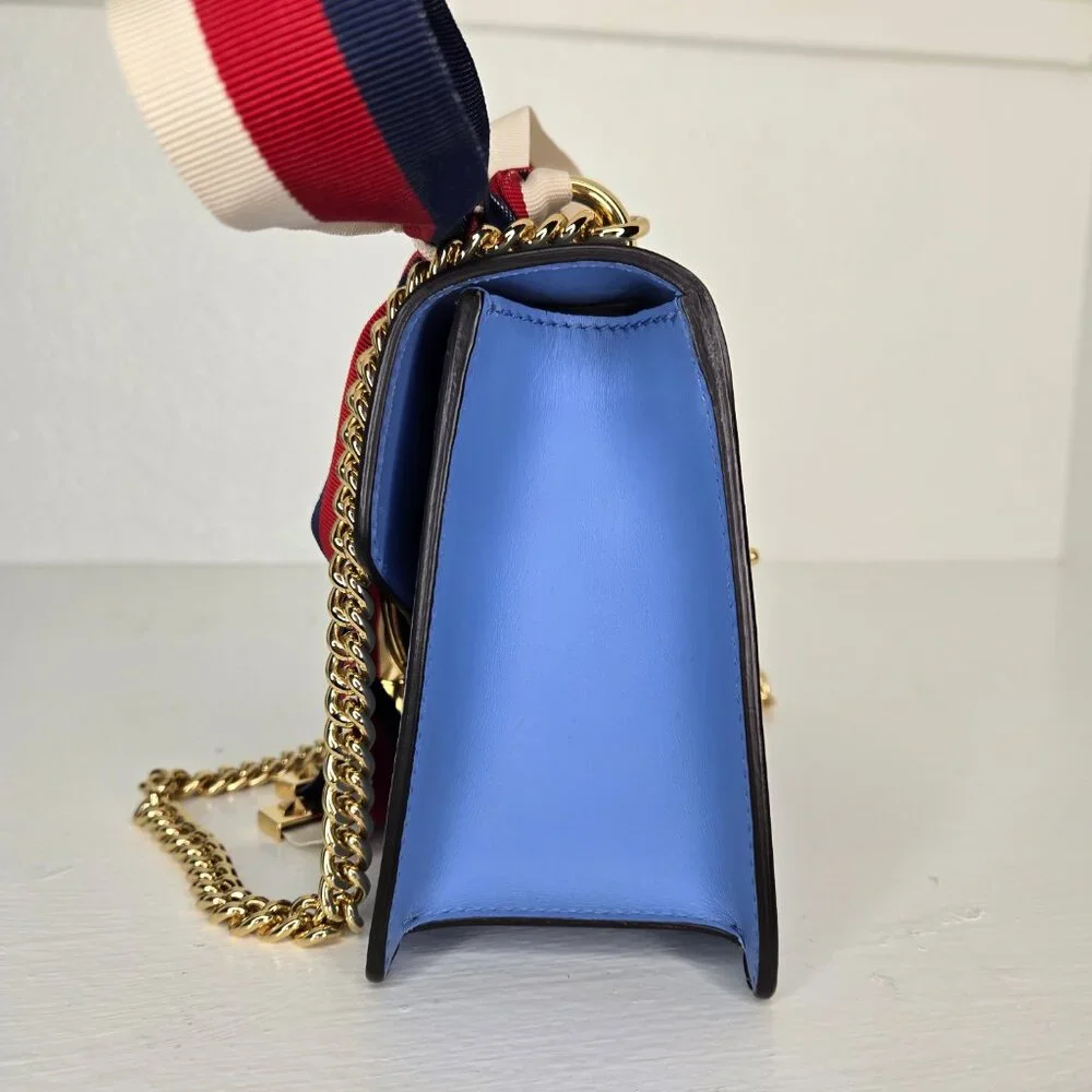 Gucci Sylvie Mini Flap Bag Blue with Ribbon & Chain Handbag Purse Crossbody - Picture 9 of 15